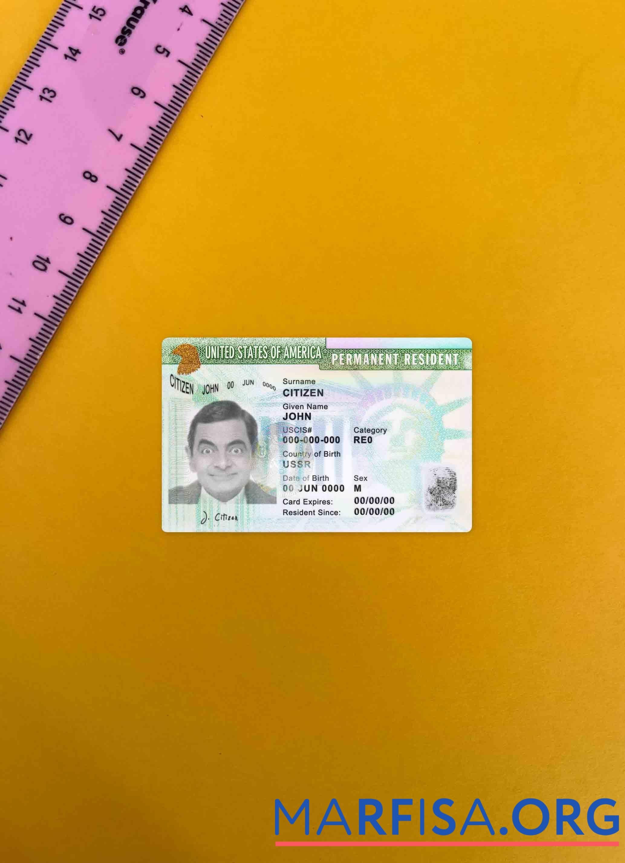 Realistic USA green card, permanent resident card photolook FRONT real example